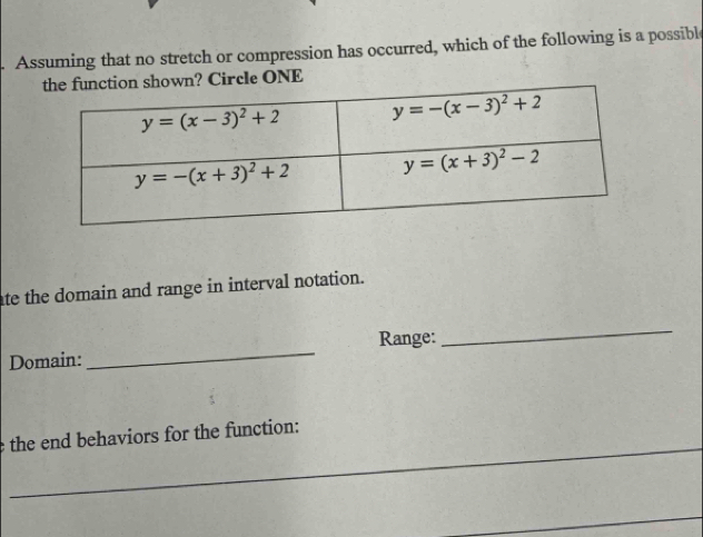 Assuming that no stretch or compression has occurred, which of the following is a possible
function shown? Circle ONE
ate the domain and range in interval notation.
_
_
Range:
Domain:
_
the end behaviors for the function:
_