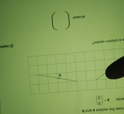 hows the vectors a and b. 
ector a=beginpmatrix 3 2endpmatrix
b
[2 mark 
s a column vector? 
Answer