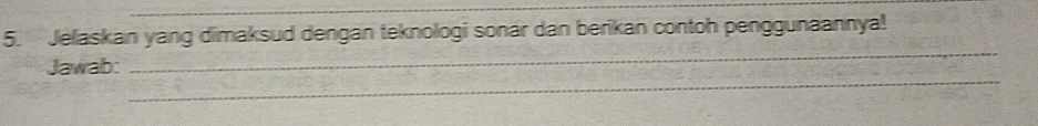 Jelaskan yang dimaksud dengan teknologi sonar dan berikan contoh penggunaannya! 
_ 
_ 
Jawab: