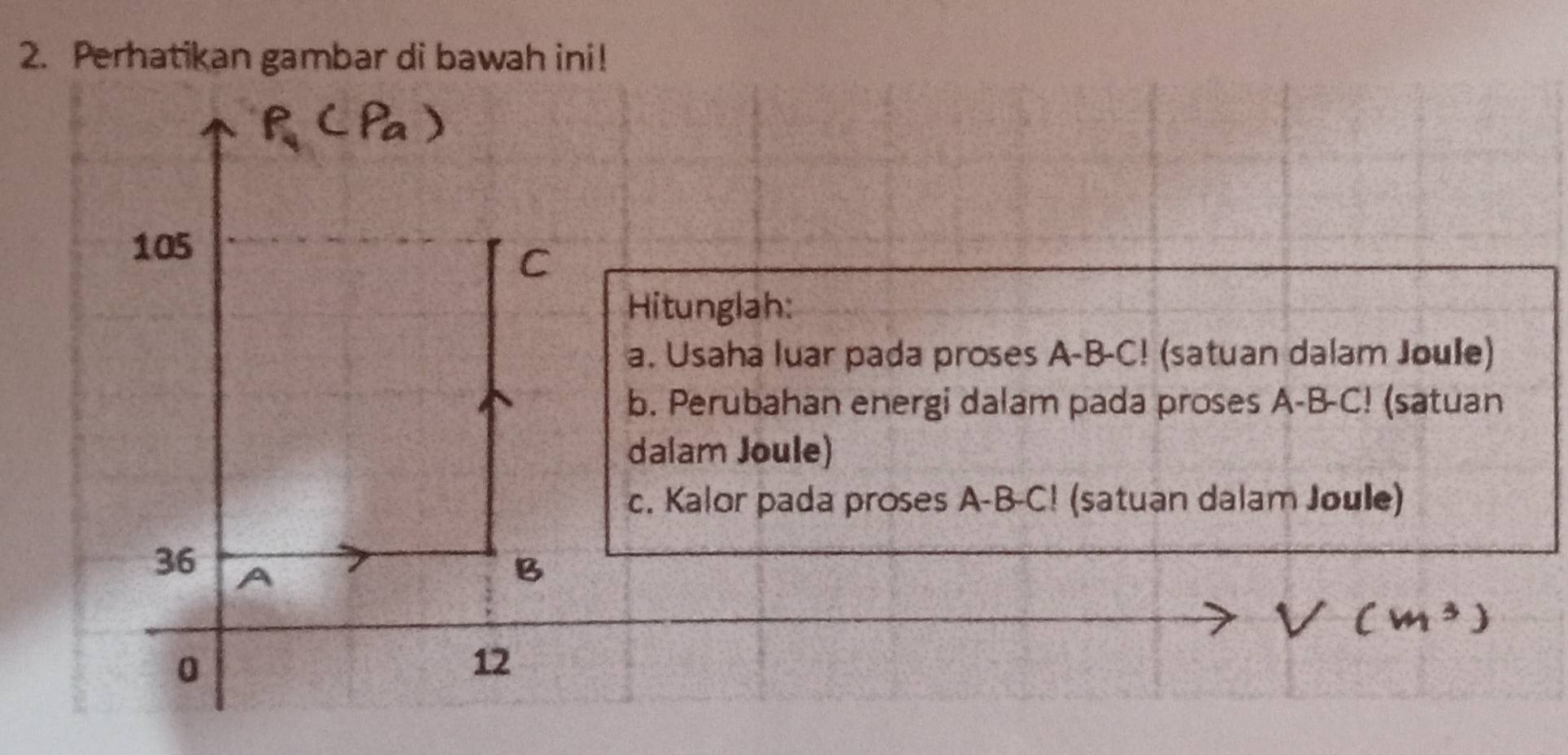 Perhatikan gambar di bawah ini!
105
C 
Hitunglah: 
a. Usaha luar pada proses A-B-C! (satuan dalam Joule) 
b. Perubahan energi dalam pada proses A-B-C! (satuan 
dalam Joule) 
c. Kalor pada proses A-B-C! (satuan dalam Joule)
36 A
B 
0
12