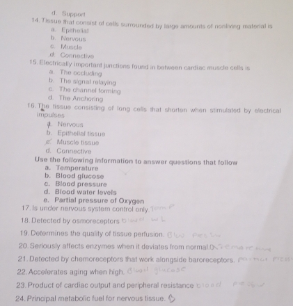 d. Support
14. Tissue that consist of cells surrounded by large amounts of nonliving material is
a. Epetholial
b. Nervous
c. Muscle
d: Connective
15. Electrically important junctions found in between cardiac muscle cells is
a. The occluding
b. The signal relaying
c. The channel forming
d. The Anchoring
16.The tissue consisting of long cells that shorten when stimulated by electrical
impulses
A Nervous
b. Epithelial tissue
c Muscle tissue
d. Connective
Use the following information to answer questions that follow
a. Temperature
b. Blood glucose
c. Blood pressure
d. Blood water levels
e. Partial pressure of Oxygen
17. is under nervous system control only
18. Detected by osmoreceptors
19. Determines the quality of tissue perfusion.
20. Seriously affects enzymes when it deviates from normal.(
21. Detected by chemoreceptors that work alongside baroreceptors. 
22.Accelerates aging when high.
23. Product of cardiac output and peripheral resistance 
24. Principal metabolic fuel for nervous tissue.