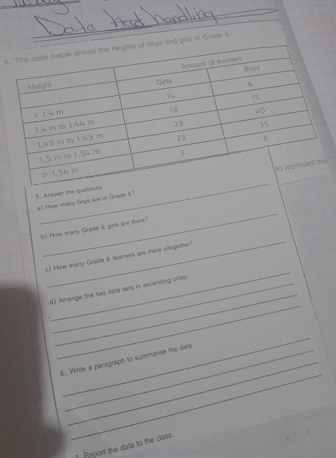 4and girls in Grade 6. 
a) How many boys are in Grade 6? 
5. Answer the questi 
_ 
_ 
b) How many Grade 6 girls are there? 
_ 
c) How many Grade 6 learners are there altogether? 
_ 
_ 
d) Arrange the two data sets in ascending order. 
_ 
_ 
6. Write a paragraph to summarise the data. 
7 Report the data to the class.