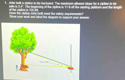 Solved: John built a zipline in his backyard. The maximum allowed slope ...