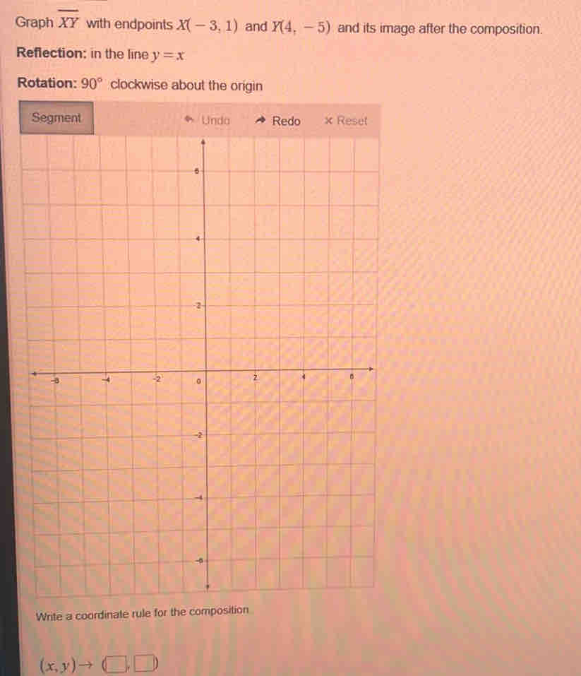 Graph overline XY with endpoints X(-3,1) and Y(4,-5) and its image after the composition. 
Reflection: in the line y=x
Rotation: 90° clockwise about the origin 
Write a coordinate rule for the composition
(x,y)to (□ ,□ )