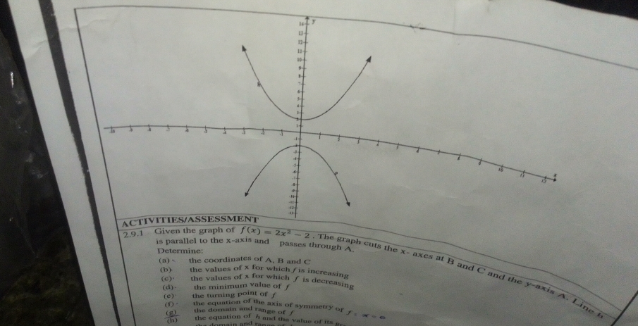 is parallel to the x-axis and passes through A
Determine:
(a) the coordinates of A. B and C
2.9.  The graph cuts the x- axes at B and C and the y-axis A. Line
(b) the values of x for which / is increasing
(c) the values of x for which ƒ is decreasing
(d)- the minimum value of f
(e) the turning point off
( the equation of the axis of symmetry of f:x=0
the domain and range of f
the equation of h and the value of its g