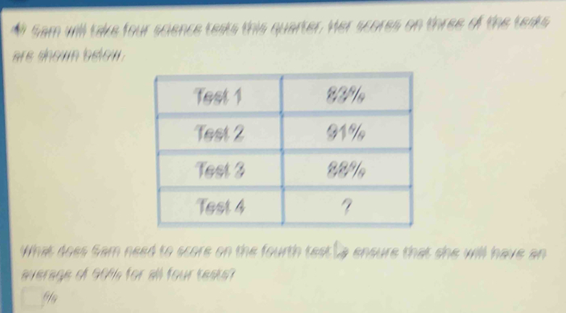 Ml Sam will take four science texts this quarter. Her scores on three of the texks 
are show below . 
What does Sam need to score on the fourth testLa ensure that she will have an 
average of 90M for all four teats?