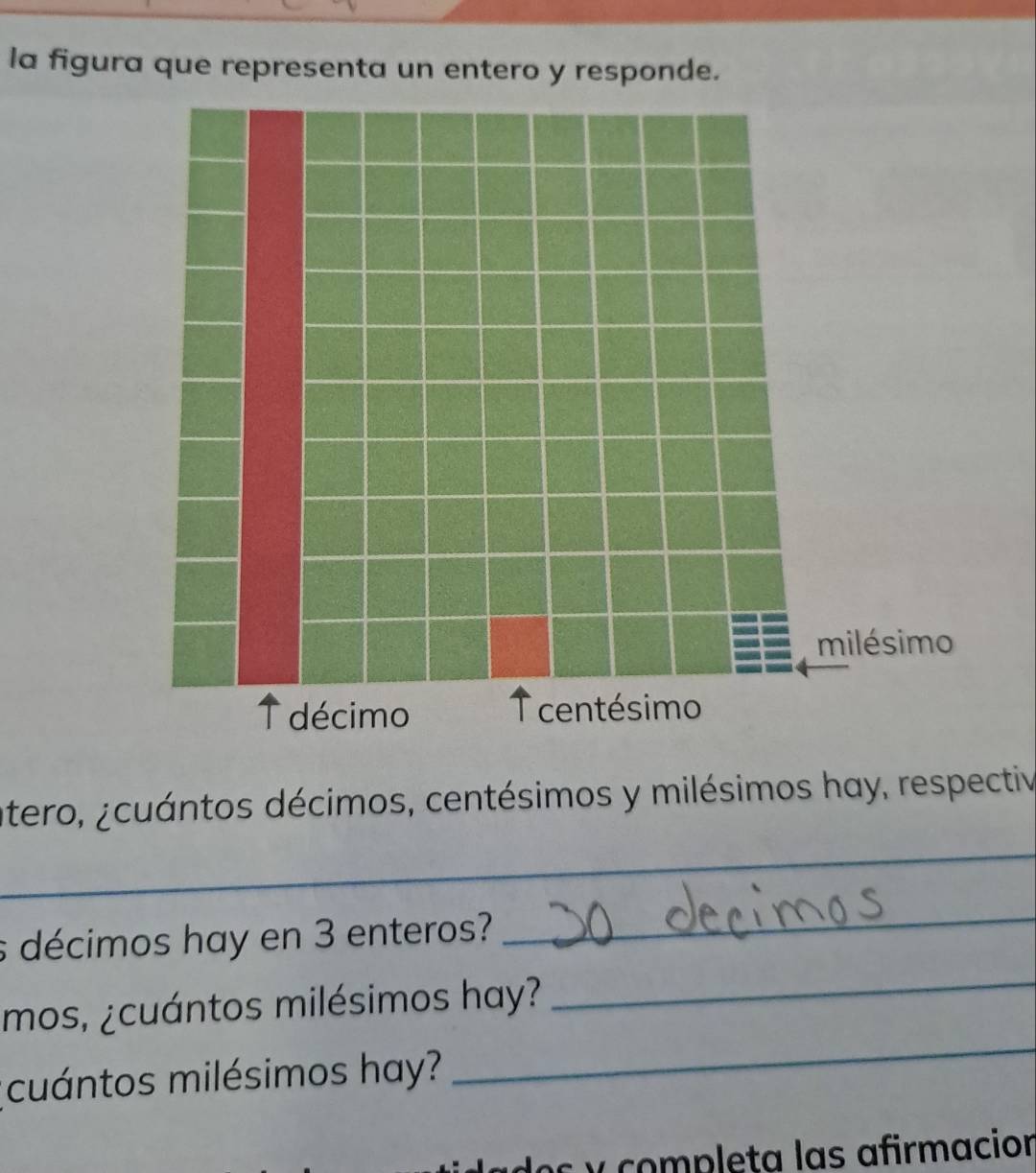 la figura que representa un entero y responde. 
tero, ¿cuántos décimos, centésimos y milésimos hay, respectiv 
_ 
s décimos hay en 3 enteros? 
_ 
mos, ¿cuántos milésimos hay? 
_ 
cuántos milésimos hay? 
_ 
y completa las afirmacion