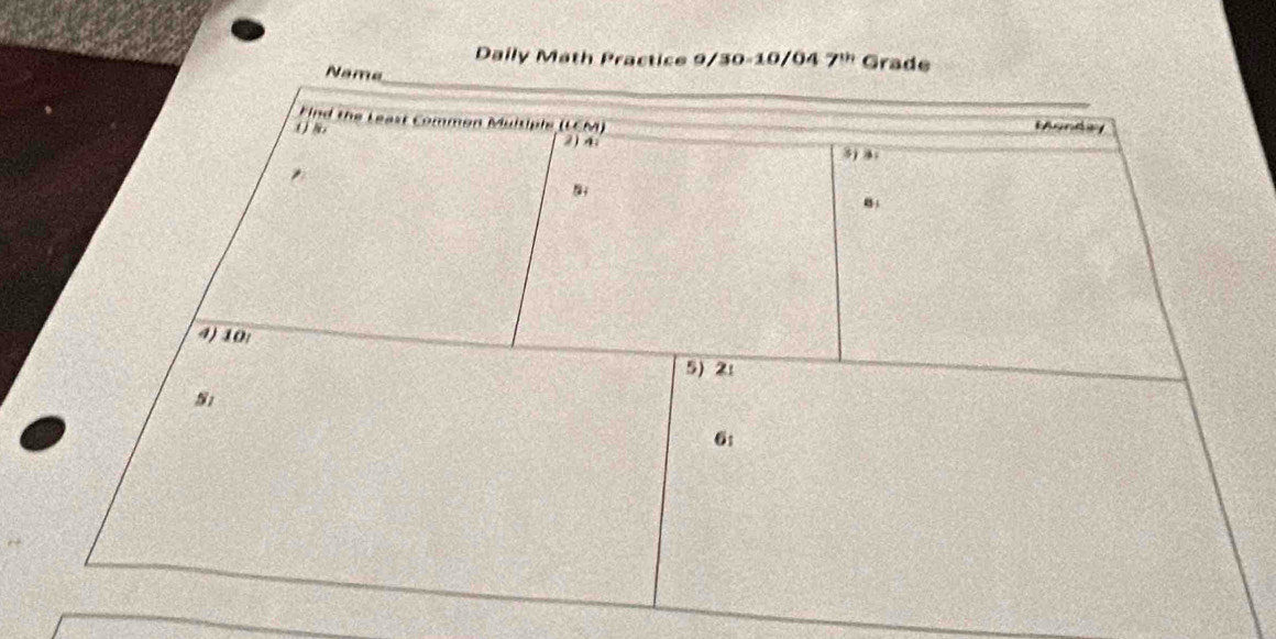 Daily Math Practice 9/30-10/04 7'