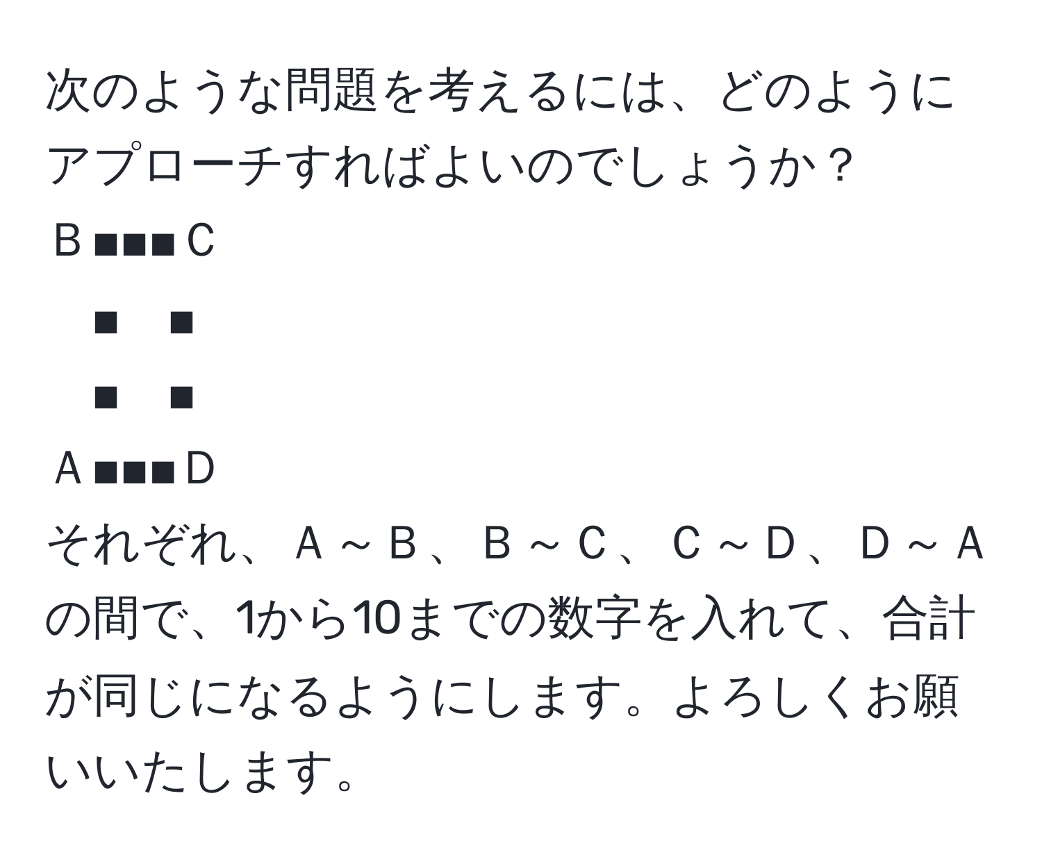 次のような問題を考えるには、どのようにアプローチすればよいのでしょうか？ 
Ｂ■■■Ｃ
■　■
■　■
Ａ■■■Ｄ 
それぞれ、Ａ～Ｂ、Ｂ～Ｃ、Ｃ～Ｄ、Ｄ～Ａの間で、1から10までの数字を入れて、合計が同じになるようにします。よろしくお願いいたします。