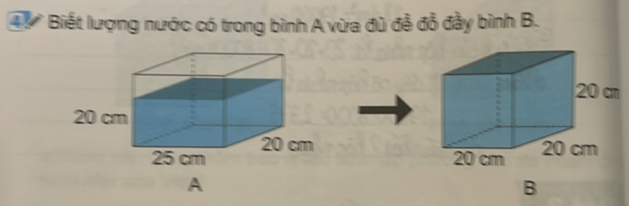 Biết lượng nước có trong bình A vừa đủ đễ đổ đầy bình B.
A
B