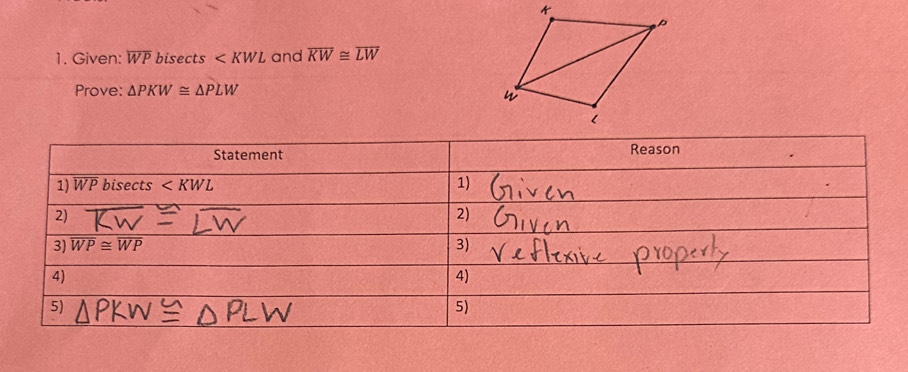 Given: overline WP bisects and overline KW≌ overline LW
Prove: △ PKW≌ △ PLW