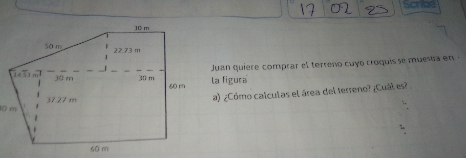 Scribe 
Juan quiere comprar el terreno cuyo croquis se muestra en· 
la figura 
a) ¿Cómo calculas el área del terreno? ¿Cuál es?