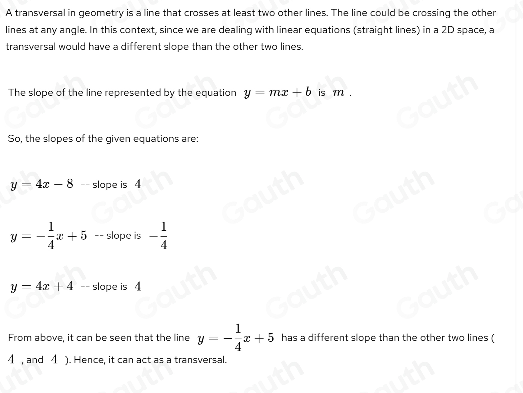 Solved: Which equation of y=4x-8, y=- 1/4 x+5 , or y=4x+4 represents ...