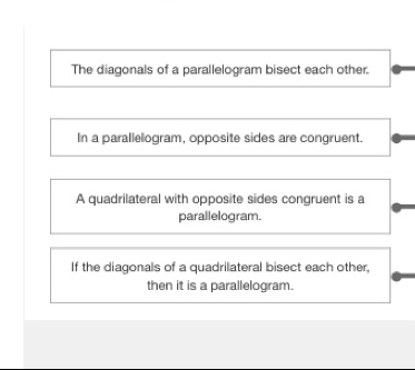 The diagonals of a parallelogram bisect each other. 
In a parallelogram, opposite sides are congruent. 
A quadrilateral with opposite sides congruent is a 
parallelogram. 
If the diagonals of a quadrilateral bisect each other, 
then it is a parallelogram.