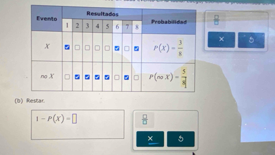  □ /□  
× 5
(b) Restar.
1-P(X)=□
 □ /□  
5