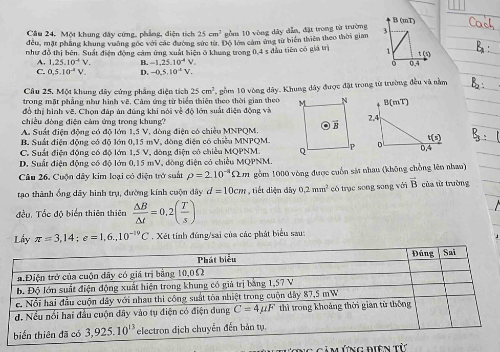 B(mT)
Câu 24. Một khung dây cứng, phẳng, diện tích 25cm^2 gồm 10 vòng dây dẫn, đặt trong từ trường
đều, mặt phẳng khung vuông góc với các đường sức từ. Độ lớn cảm ứng từ biển thiên theo thời gian 3
như đồ thị bên. Suất điện động cảm ứng xuất hiện ở khung trong 0,4 s đầu tiên có giá trị
1 t(s)
A. 1,25.10^(-4)V. B. -1,25.10^(-4)V. 0 0,4
C. 0,5.10^(-4)V. D. -0,5.10^(-4)V.
Câu 25. Một khung dây cứng phẳng diện tích 25cm^2 , gồm 10 vòng dây. Khung dây được đặt trong từ trường đều và nằm
trong mặt phẳng như hình vẽ. Cảm ứng từ biến thiên theo thời gian theo 
đồ thị hình vẽ. Chọn đáp án đúng khi nói về độ lớn suất điện động và
chiều dòng điện cảm ứng trong khung?
A. Suất điện động có độ lớn 1,5 V, dòng điện có chiều MNPQM.
B. Suất điện động có độ lớn 0,15 mV, dòng điện có chiều MNPQM.
C. Suất điện động có độ lớn 1,5 V, dòng điện có chiều MQPNM.
D. Suất điện động có độ lớn 0,15 mV, dòng điện có chiều MQPNM.
Câu 26. Cuộn dây kim loại có điện trở suất rho =2.10^(-8)Omega .m gồm 1000 vòng được cuốn sát nhau (không chồng lên nhau)
tạo thành ống dây hình trụ, đường kính cuộn dây d=10cm , tiết diện dây 0,2mm^2 có trục song song với vector B của từ trường
đều. Tốc độ biến thiên thiên  △ B/△ t =0,2( T/s )
Lấy π =3,14;e=1,6.,10^(-19)C. Xét tính đúng/sai của các phát biểu sau:
C  ng gả m Ứng điên tù