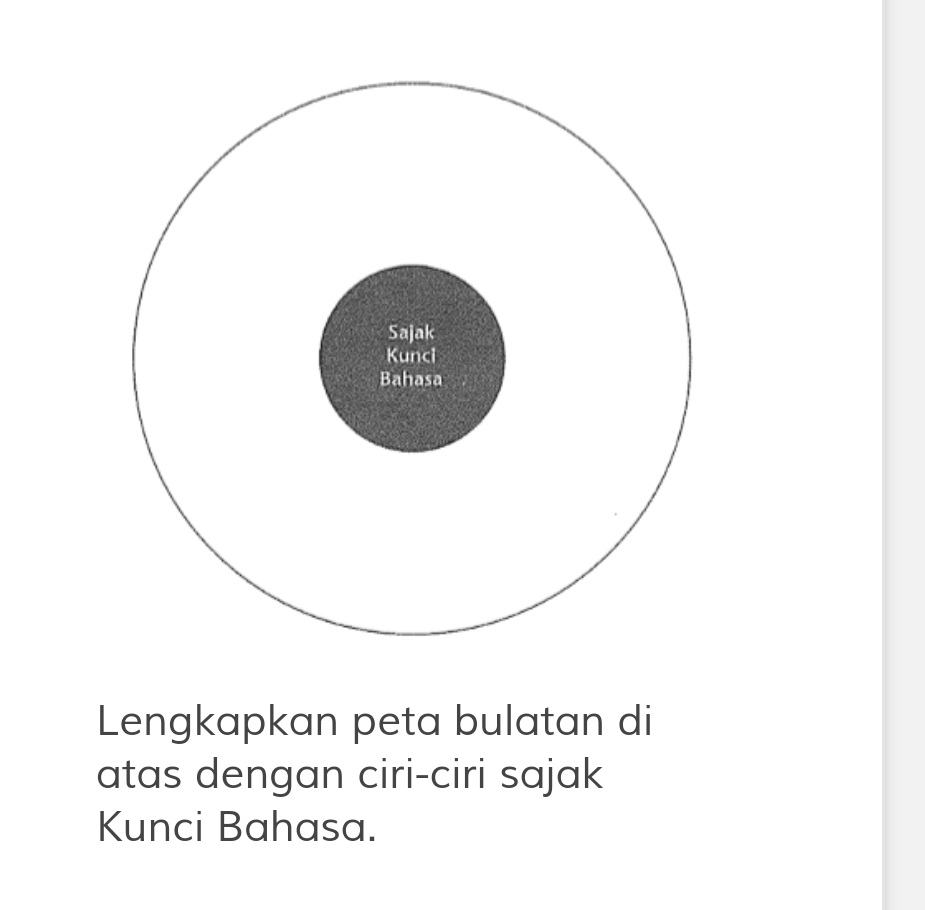 Sajak 
Kunci 
Bahasa 
Lengkapkan peta bulatan di 
atas dengan ciri-ciri sajak 
Kunci Bahasa.