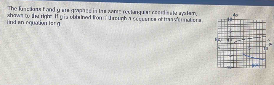 The functions f and g are graphed in the same rectangular coordinate system,
shown to the right. If g is obtained from f through a sequence of transformations,
find an equation for g.