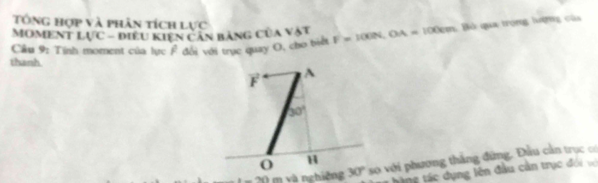 Tổng hợp và phân tích lý overline JC
MOMENT WC - điều kiện Cân bảng của vật 
Câu 9: Tính moment của lực P đổi với trục quay O, cho biết F=100N. o A_2 * 100cm: Bở qua trong lượng của 
thanh.
F^2 A
30°
O H
_ =67 m và nghiêng 30° so với phương thắng đứng, Đầu cản trục có 
àng tác dụng lên đầu cản trục đới vớ