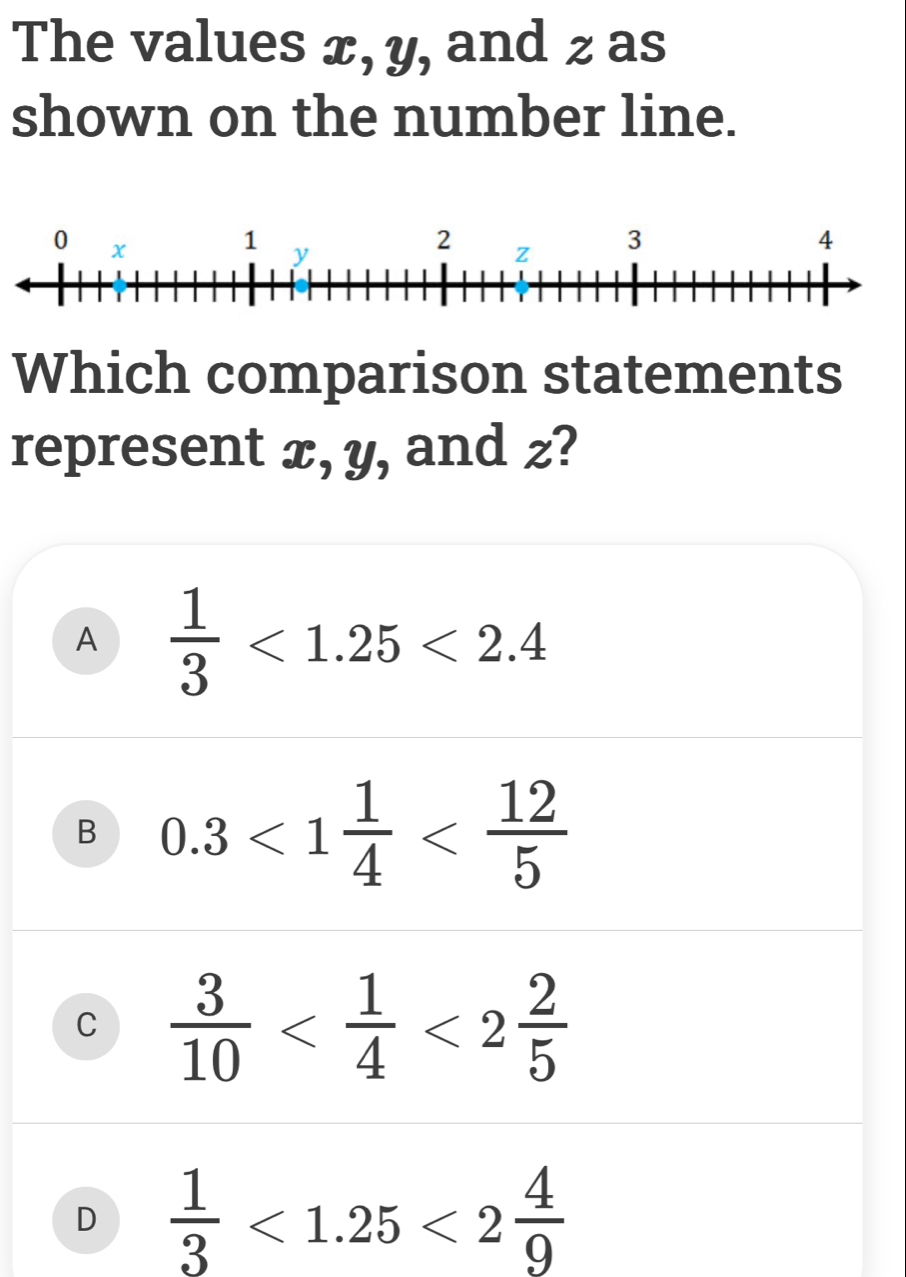 The values æ, y, and z as
shown on the number line.
Which comparison statements
represent x, y, and z?
A  1/3 <1.25<2.4
B 0.3<1 1/4 
C  3/10  <2 2/5 
D  1/3 <1.25<2 4/9 