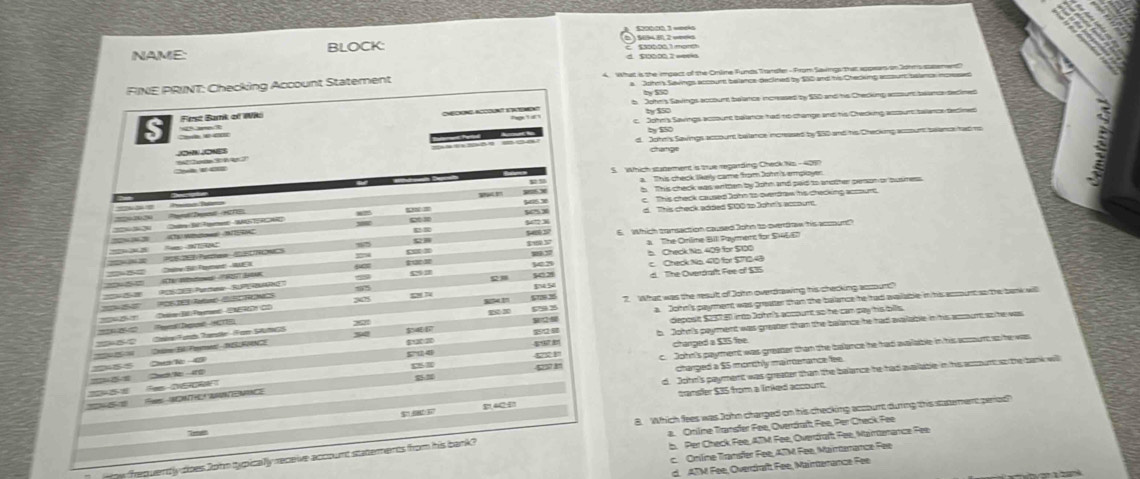 $0000,3 woeks
NAME: BLOCK: $300.00,1 month  5694 B, 2 véó
d. $0000. 2 week
FINE PRINT: Checking Account Statement 4 What is the impact of the Omlme Funds Tandle - From Sawngs that appears on Johms stement?
a Johns Savings account belance decined by $80 and his Checking accourc bslance inovesad
by SS0
t. John's Savings accourt balance increased by $50 and his Checking aczourt beance secined
ty Sic
s
c. John's Savings account balance had to change and his Checking assount talance decined
by $50
d. John's Savings account ballance increased by $00 and his Checking acourt selance had n
change
S which statement is true regarding Check Ns - 401
a. This cheok likely came from Johm's employer
ans x b. This check was entten by John and paid to another pesion or busness
59530 c. This check caused John to overdraw his checking acsourt.
t = 165 3 d. This check added $100 to Joho's account.
b 542 3 540637 6. Which comsaction caused John to overBraw his acoour"
a The Omilme Bil Paymens for SH6E
592 142 b. Check Ns. 409 for $100 c. Check Na 40 for $71048
“” 5021 d. The Overdaf Fee of $35
5075 gN N 841
5736 . What was the result of John overdrawing his checking accoun?
Fan SAfG a. John's payment was greatter than the ballance he had avaable in his acsount so the bank will
x x
x
deposit $237.81 into John's account so he can pay his bills
5”114 b. John's payment was greater than the balamce he had avalable in his acsount so he was
changed a $35 fee
5
c
5237 n c. John's payment was greater than the balance he had available in his acoum so he was
charped a $5 morchly mairdenance lee
d. John's payment was greater than the balance he had avallable in his accoum ao the bank wil
cansler $35 from a Inked accourc
1404
8. Which fees was John charged on his checking accourt during this statement period?
a. Onilne Transfer Fee, Overdrft Fee, Per Creck Fee
.  Per Check Fee, ATM Fee, Overdroft Pee, Martenance Pee
c. Online Transfer Fee, ATM Fee, Maintanance Fee
ry frequently dioes John typically receive account statements from his bank?
d. ATM Fee, Overdraft Fee, Mainterance Fee