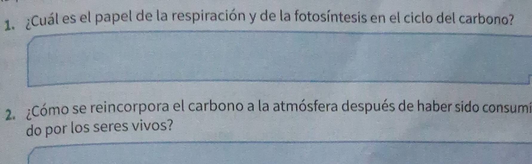 Cuál es el papel de la respiración y de la fotosíntesis en el ciclo del carbono? 
2 2Cómo se reincorpora el carbono a la atmósfera después de haber sido consum 
do por los seres vivos?