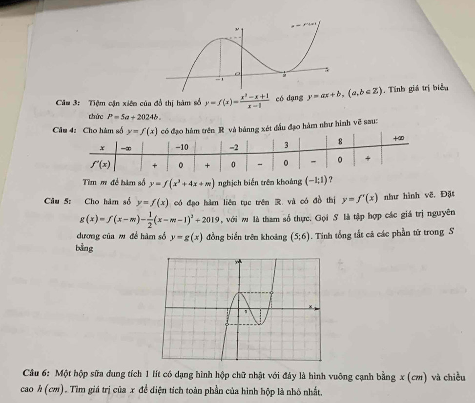 Tiệm cận xiên của đồ thị hàm số y=f(x)= (x^2-x+1)/x-1  có dạng  . Tính giá trị biểu
thức P=5a+2024b.
Câu 4: Cho hàm số y=f(x) có đạo hàm trên R và bảnng xét dầu đạo hàm như hình vẽ sau:
Tìm m để hàm số y=f(x^3+4x+m) nghịch biến trên khoảng (-1;1) ?
Câu 5: Cho hàm số y=f(x) có đạo hàm liên tục trên R. và có đồ thị y=f'(x) như hình vẽ. Đặt
g(x)=f(x-m)- 1/2 (x-m-1)^2+2019 , với m là tham số thực. Gọi S là tập hợp các giá trị nguyên
dương của m đề hàm số y=g(x) đồng biến trên khoảng (5;6). Tính tổng tất cả các phần tử trong S
bằng
Câu 6: Một hộp sữa dung tích 1 lít có dạng hình hộp chữ nhật với đáy là hình vuông cạnh bằng x (cm) và chiều
caoh(cm) 0 . Tìm giá trị của x đề diện tích toàn phần của hình hộp là nhỏ nhất.