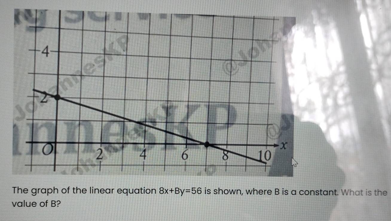 The graph of the linear equation 8x+By=56 is shown, where B is a constant. What is the 
value of B?