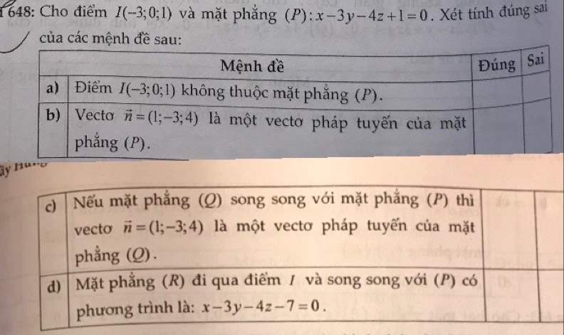 1 648: Cho điểm I(-3;0;1) và mặt phẳng (P): x-3y-4z+1=0. Xét tính đúng sai
của các mệnh đề sau:
ây Huro