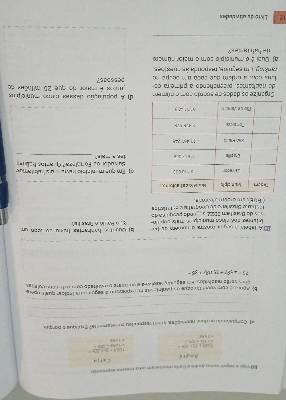 Veja a seguir como André e Caria resolveram uma mesma expressão. 
André Carla
1099+15+374=
1099+15+374=
=1099+389=
=1114+374=
=1488
=1488
_ 
a) Comparando as duas resoluções, quem respondeu corretamente? Explique o porquê 
_ 
_ 
b) Aqora. é com você! Coloque os parênteses na expressão a seguir para indicar quaís opera 
ções serão resolvidas. Em seguida, resolva-a e compare o resultado com o de seus colegas
25+2587+35087+38=
* A tabela a seguir mostra o número de ha- b) Quantos habitantes havia ao todo em 
bitantes dos cinco municípios mais populo- São Paulo e Brasília? 
sos do Brasil em 2022, segundo pesquisa do 
Instituto Brasileiro de Geografia e Estatística 
(IBGE), em ordem aleatória. 
c) Em que município havia mais habitantes: 
Salvador ou Fortaleza? Quantos habitan- 
tes a mais?_ 
Organize os dados de acordo com o número d) A população desses cinco municípios 
de habitantes, preenchendo a primeira co- juntos é maior do que 25 milhões de 
luna com a ordem que cada um ocupa no pessoas? 
ranking. Em seguida, responda às questões. 
a) Qual é o município com o maior número 
de habitantes? 
_ 
12 Livro de atividades