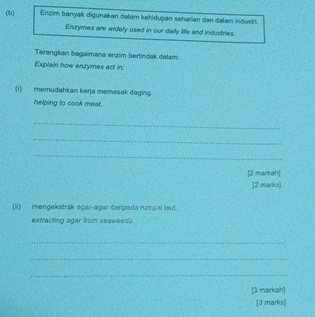 Enzim banyak digunakan dalam kehidupan seharian dan dalam industri. 
Enzymes are widely used in our daily life and industries. 
Terangkan bagaimana enzim bertindak dalam: 
Explain how enzymes act in: 
(i) memudahkan kerja memasak daging. 
helping to cook meat. 
_ 
_ 
_ 
[2 markah] 
[2 marks] 
(ii) mengekstrak agar-agar daripada rumpal laut. 
extracting agar from seaweeds. 
_ 
_ 
_ 
[3 markah] 
[3 marks]