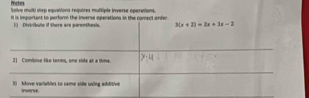 Notes
Solve multi step equations requires multiple inverse operations.
It is important to perform the Inverse operations in the correct order.