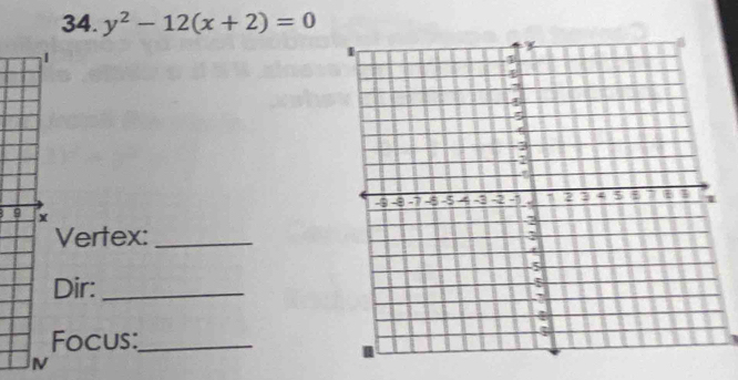 y^2-12(x+2)=0
1 
9 X
Vertex:_ 
Dir:_ 
Focus:_ 
N