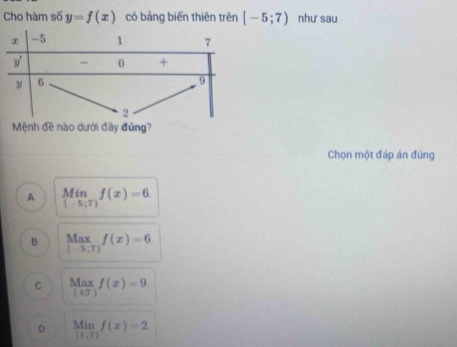 Cho hàm số y=f(x) có bảng biến thiên trên [-5;7) như sau
Mệnh đề nào dưới đây đúng?
Chọn một đáp án đúng
A limlimits _|-5;7)f(x)=6.
B limlimits _1-5;7)f(x)=6.
C limlimits _|17|f(x)=9.
D limlimits _|1;7|f(x)=2