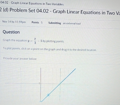 04.02 - Graph Linear Equations in Two Variables 
2 (d) Problem Set 04.02 - Graph Linear Equations in Two Va 
Nov 14 by 11:59p Points 5 Submitting an externall too 
Question 
Graph the equation y= x/3 -5 by plotting points. 
To plot points, click on a point on the graph and drag it to the desired location. 
Provide your answer below: