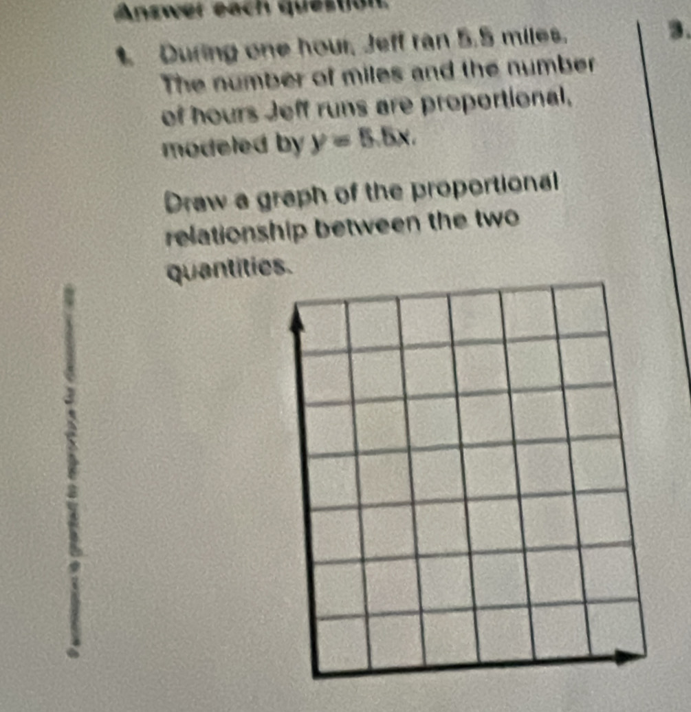 Answer each question. 
1. During one hour, Jeff ran 5.5 miles. 
3. 
The number of miles and the number 
of hours Jeff runs are proportional, 
modeled by y=5.5x. 
Draw a graph of the proportional 
relationship between the two 
quantities.