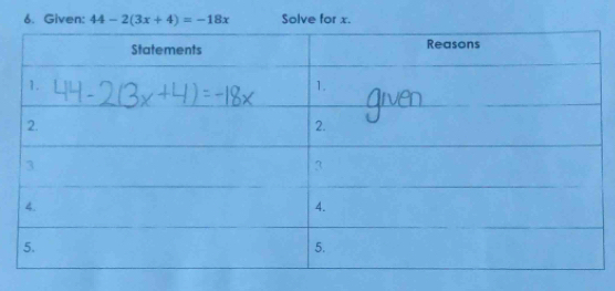 Given: 44-2(3x+4)=-18x Solve for x.