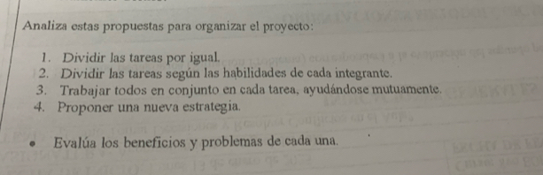 Analiza estas propuestas para organizar el proyecto: 
1. Dividir las tareas por igual. 
2. Dividir las tareas según las habilidades de cada integrante. 
3. Trabajar todos en conjunto en cada tarea, ayudándose mutuamente. 
4. Proponer una nueva estrategia. 
Evalúa los beneficios y problemas de cada una.