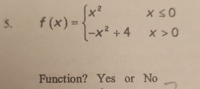 f(x)=beginarrayl x^2x≤ 0 -x^2+4x>0endarray.
Function? Yes or No