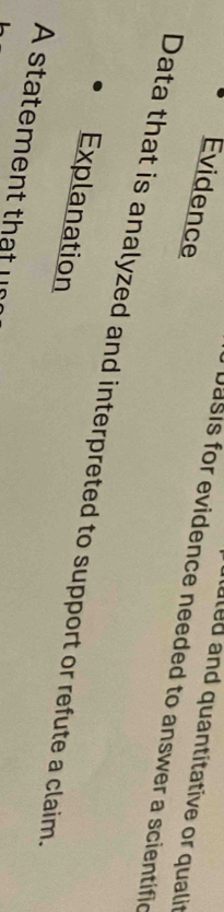 Evidence 
luled and quantitative or qualit 
Dasis for evidence needed to answer a scientific 
Data that is analyzed and interpreted to support or refute a claim. 
Explanation 
A statement that I