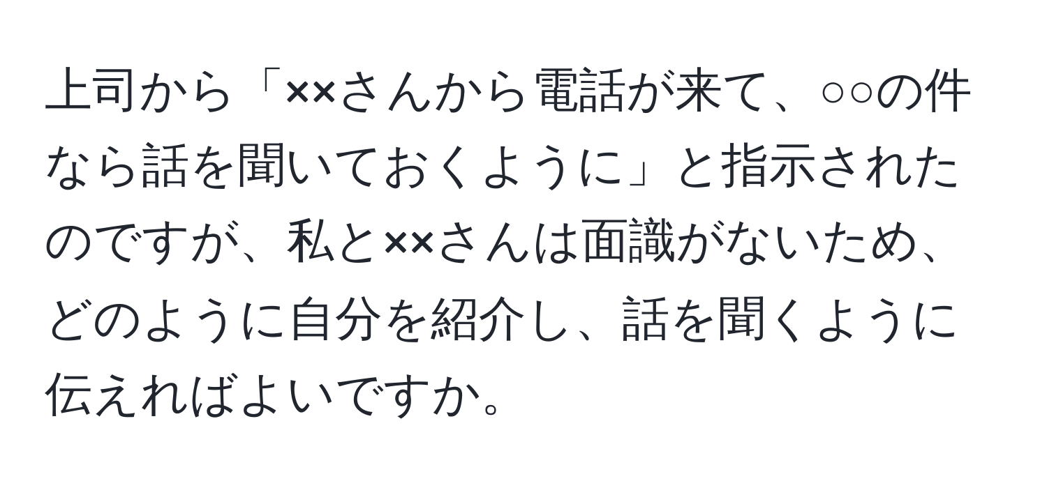 上司から「××さんから電話が来て、○○の件なら話を聞いておくように」と指示されたのですが、私と××さんは面識がないため、どのように自分を紹介し、話を聞くように伝えればよいですか。