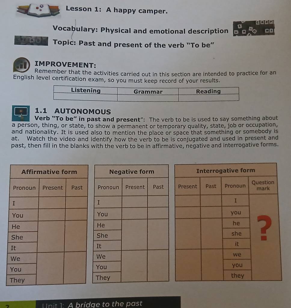 Lesson 1: A happy camper. 
A 
Vocabulary: Physical and emotional description to 
beakialn Topic: Past and present of the verb “To be” 
IMPROVEMENT: 
Remember that the activities carried out in this section are intended to practice for an 
English level certification exam, so you must keep record of your results. 
1.1 AUTONOMOUS 
Verb “To be” in past and present”: The verb to be is used to say something about 
a person, thing, or state, to show a permanent or temporary quality, state, job or occupation, 
and nationality. It is used also to mention the place or space that something or somebody is 
at. Watch the video and identify how the verb to be is conjugated and used in present and 
past, then fill in the blanks with the verb to be in affirmative, negative and interrogative forms. 
Unit 1: A bridge to the past