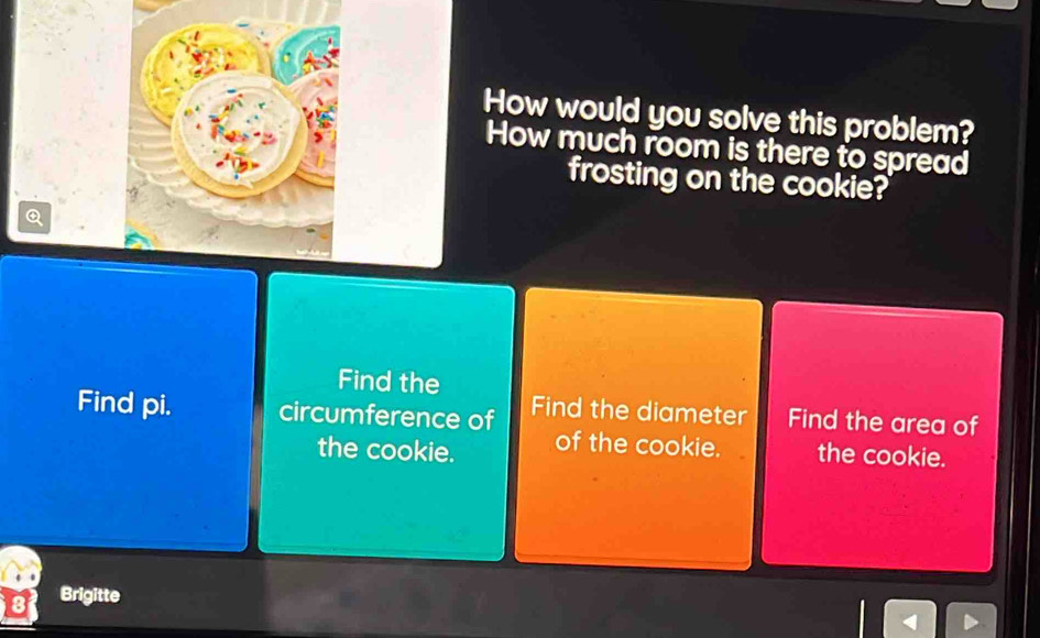 How would you solve this problem? 
How much room is there to spread 
frosting on the cookie? 
Find the 
Find pi. circumference of Find the diameter Find the area of 
the cookie. of the cookie. the cookie. 
Brigitte