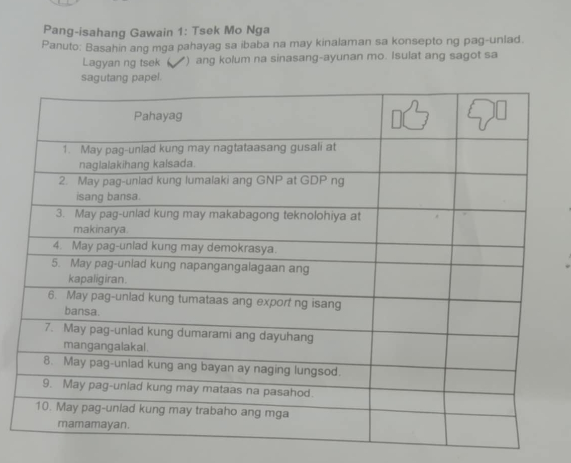 Pang-isahang Gawain 1: Tsek Mo Nga 
Panuto: Basahin ang mga pahayag sa ibaba na may kinalaman sa konsepto ng pag-unlad. 
Lagyan ng tsek ) ang kolum na sinasang-ayunan mo. Isulat ang sagot sa 
el.