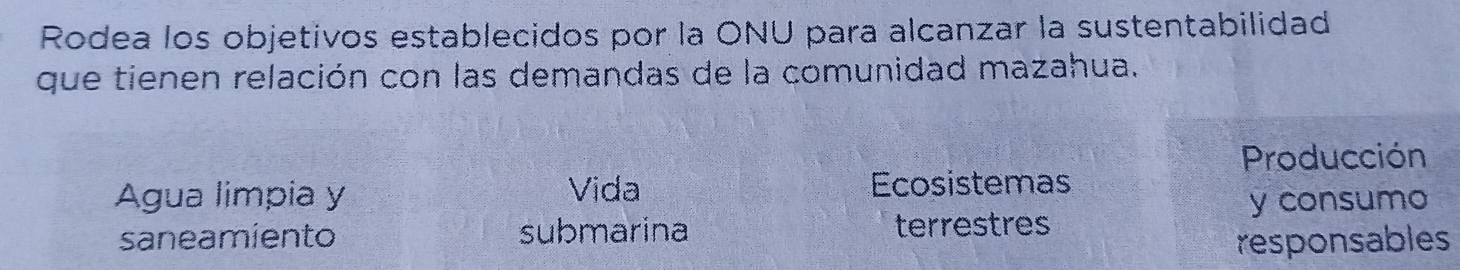 Rodea los objetivos establecidos por la ONU para alcanzar la sustentabilidad
que tienen relación con las demandas de la comunidad mazahua.
Producción
Agua limpia y Vida Ecosistemas
y consumo
saneamiento submarina terrestres
responsables