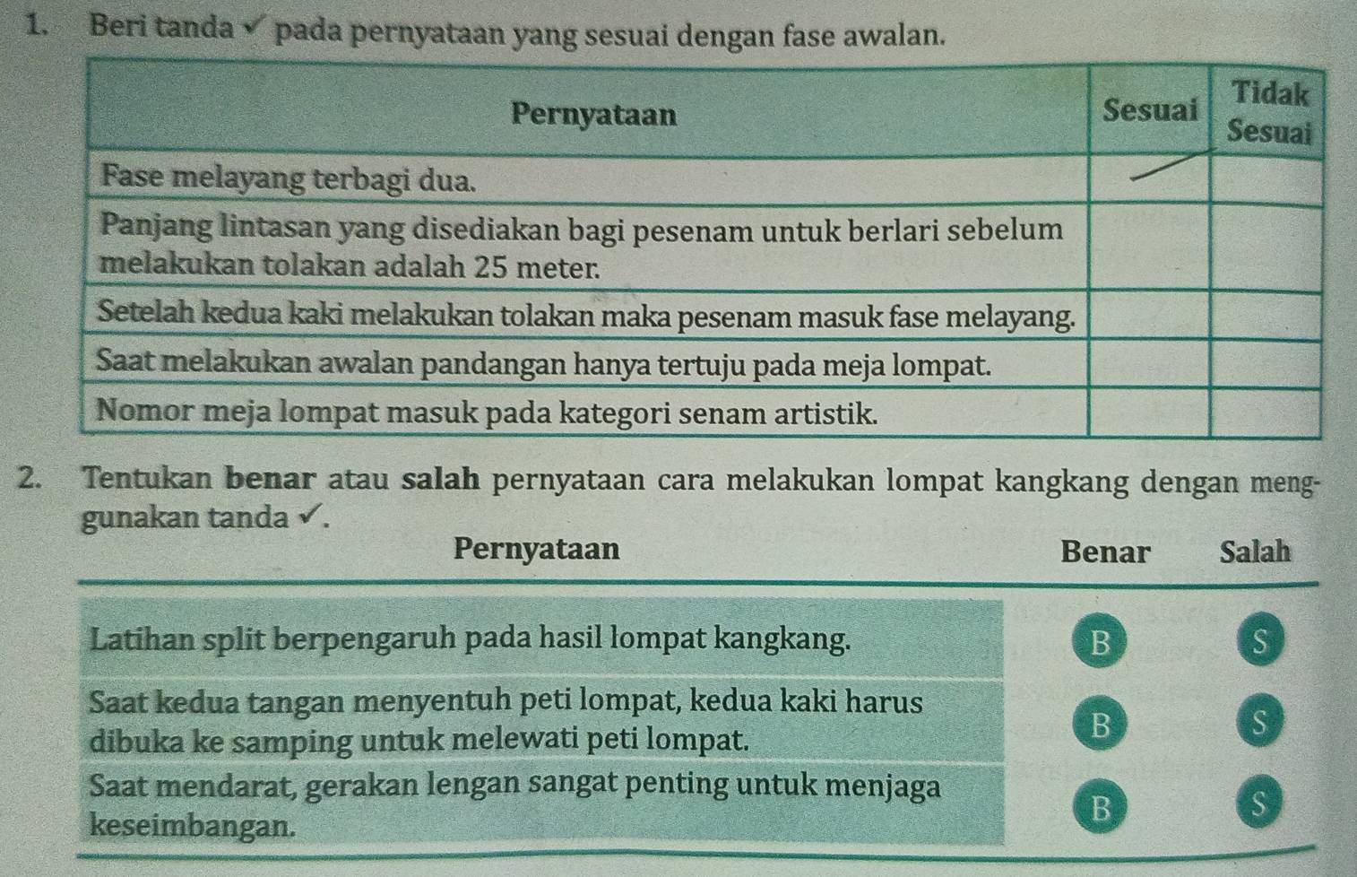 Beri tanda pada pernyataan yang sesuai dengan fase awalan.
2. Tentukan benar atau salah pernyataan cara melakukan lompat kangkang dengan meng-
gunakan tanda ✔.
Pernyataan Benar Salah
Latihan split berpengaruh pada hasil lompat kangkang.
B
S
Saat kedua tangan menyentuh peti lompat, kedua kaki harus
dibuka ke samping untuk melewati peti lompat.
B
S
Saat mendarat, gerakan lengan sangat penting untuk menjaga
S
keseimbangan.
B