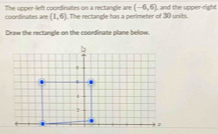 The upper-left coordinates on a rectangle are (-6,6) , and the upper-right 
coordinates are (1,6). The rectangle has a perimeter of 30 units. 
Draw the rectangle on the coordinate plane below.