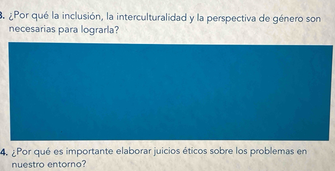 ¿Por qué la inclusión, la interculturalidad y la perspectiva de género son 
necesarias para lograrla? 
4. ¿Por qué es importante elaborar juicios éticos sobre los problemas en 
nuestro entorno?