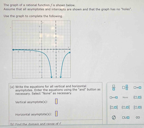 The graph of a rational function /is shown below. 
Assume that all asymptotes and intercepts are shown and that the graph has no "holes". 
Use the graph to complete the following. 
(a) Write the equations for all vertical and horizontal  □ /□   □  □ /□   □ =□
asymptotes. Enter the equations using the "and" button as 
necessary. Select "None" as necessary.
□ and□ None (□ ,□ )
Vertical asymptote(s):
[□ ,□ ] (□ ,□ ] [□ ,□ )
Horizontal asymptote(s):
□ JD ∞ 
(b) Find the domain and range of £