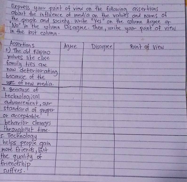 Express your point of view on the following assertions 
about the influence of media on the values and norms of 
the people and society. write "yes" on the column Agree or 
11 No" in the column Disagree. Then, write your point of view 
in the last colum 
3 
v 
f 
n 
b 
u 
4. 
t 
a 
st 
or 
b 
th 
5. 
he 
mo 
the 
fri 
su